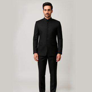 Men's Black Solid Regular Fit Bandhgala Suit