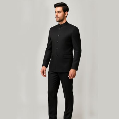 Men's Black Solid Regular Fit Bandhgala Suit - Image 3