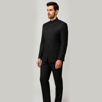 Men's Black Solid Regular Fit Bandhgala Suit - Image 2